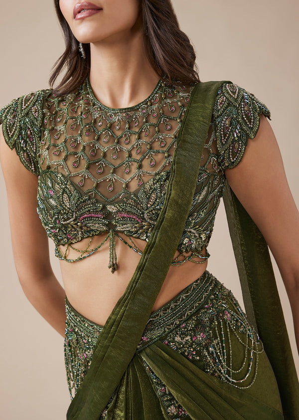 Olive Green Drape Saree With High Neck Blouse