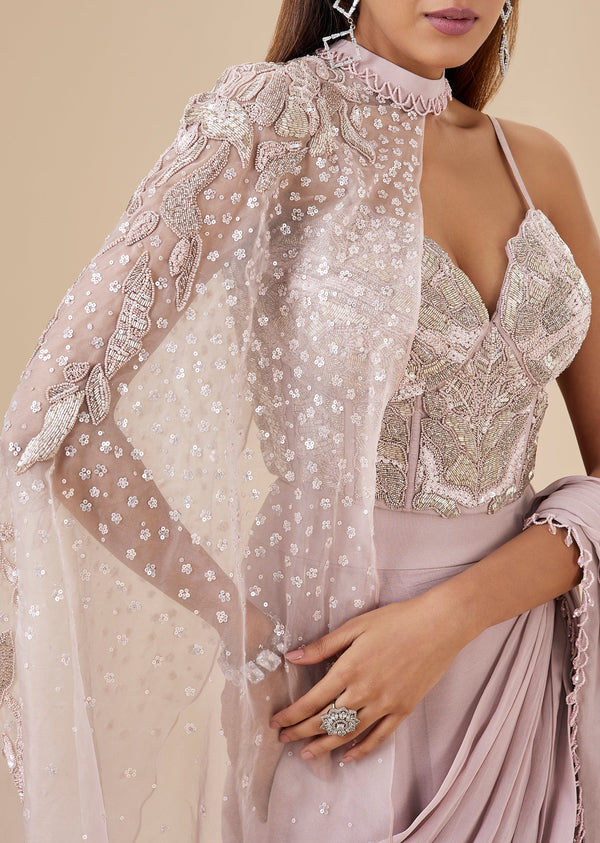 Onion Pink Ready Pleated Saree With Detachable Cape