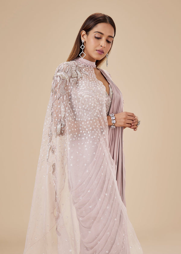 Onion Pink Ready Pleated Saree With Detachable Cape