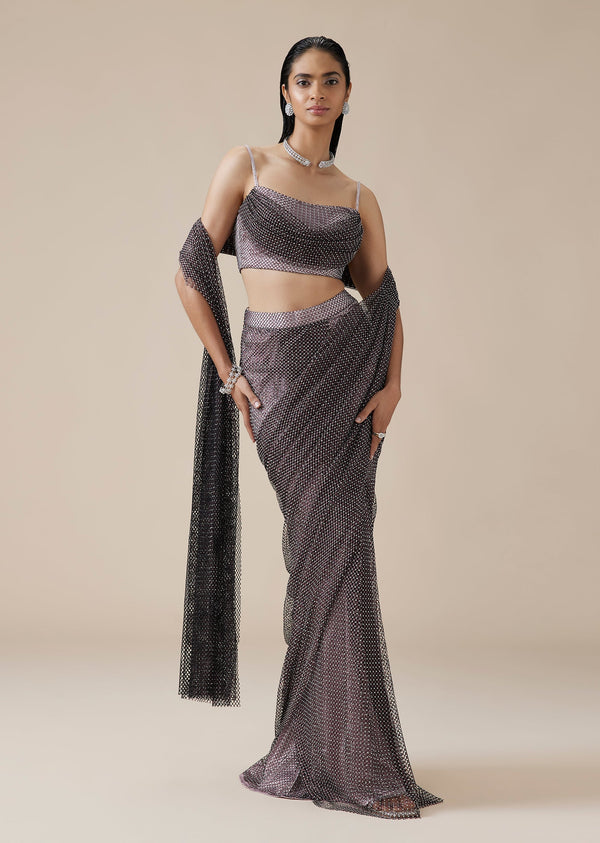 Onion Pink Ready Pleated Satin Saree With Cutdana Detail