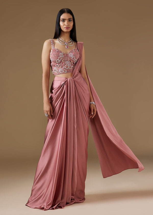 Onion Pink Satin Ready Pleated Saree With Embroidered Blouse