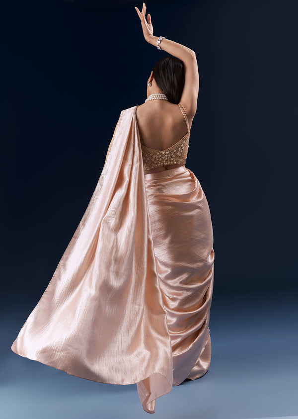 Peach Fancy Ready Pleated Saree With Embroidery