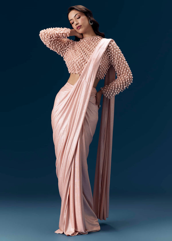 Peach Ready Pleated Saree with Blouse