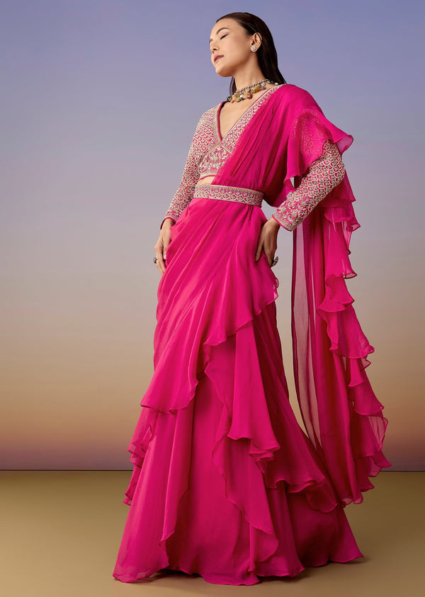 Pink Pre Draped Saree Set With Belt