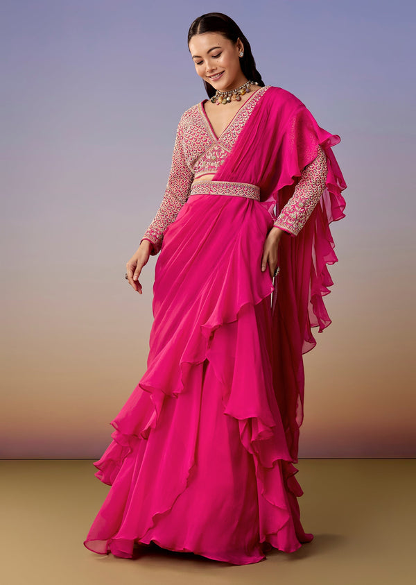 Pink Pre Draped Saree Set With Belt