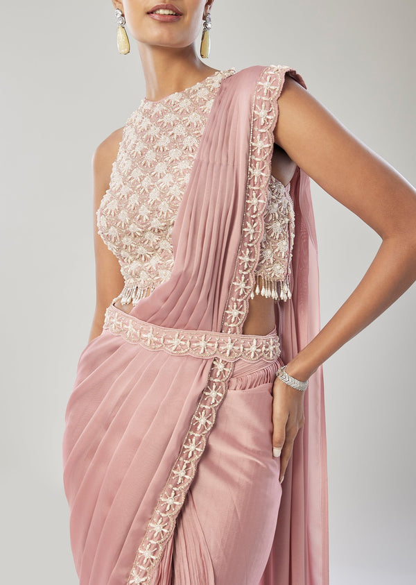 Pink Ready Pleated Saree With Belt