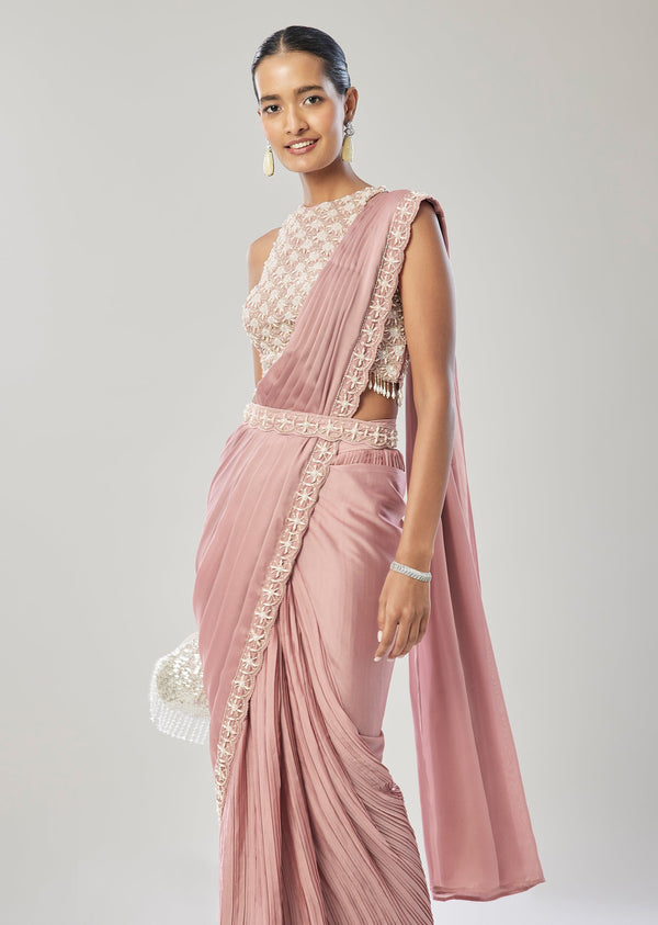 Pink Ready Pleated Saree With Belt