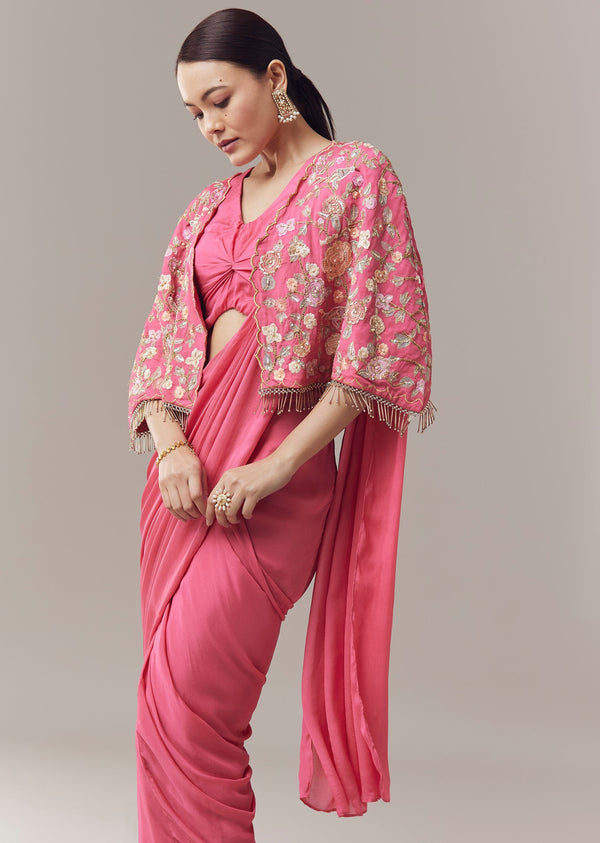 Pink Ready Pleated Saree With Cape Blouse And Resham And Sequins Work