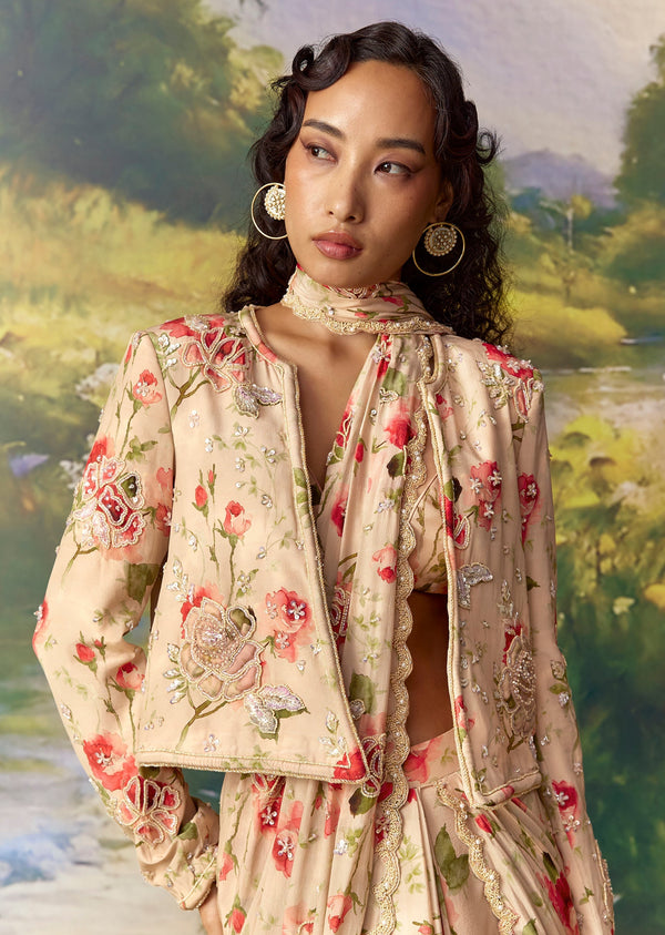 Pink Ready Pleated Saree with Embroidered Jacket