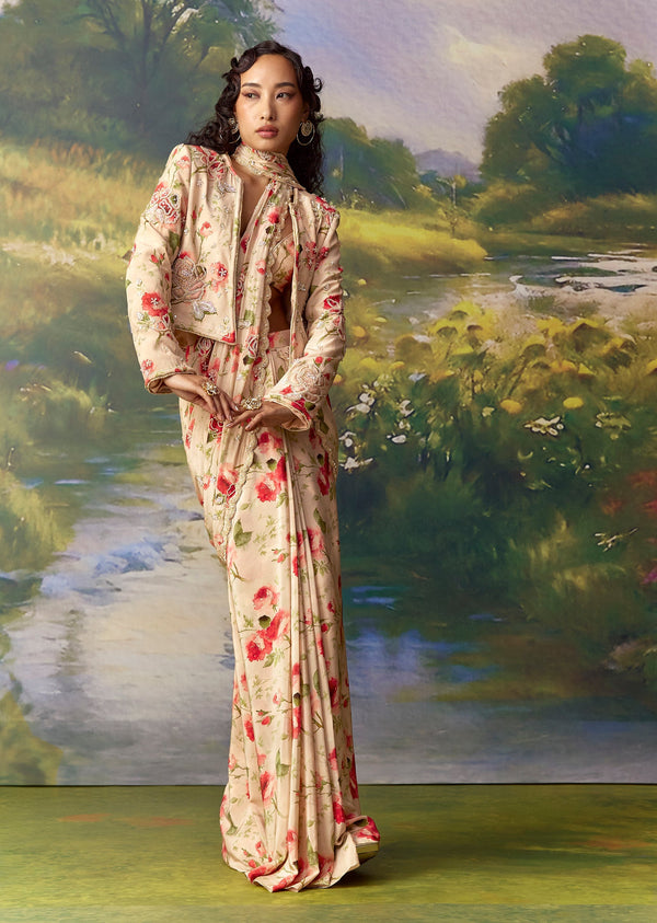 Pink Ready Pleated Saree with Embroidered Jacket