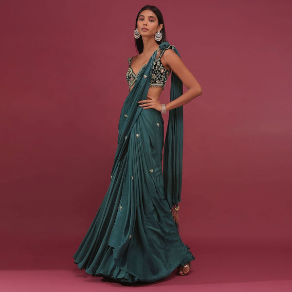 Emerald Green Pre Drape Saree With Floral Buttis And Embroidered Blouse - NOOR 2022