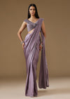 Purple Satin Ready Pleated Saree With Embellished Blouse
