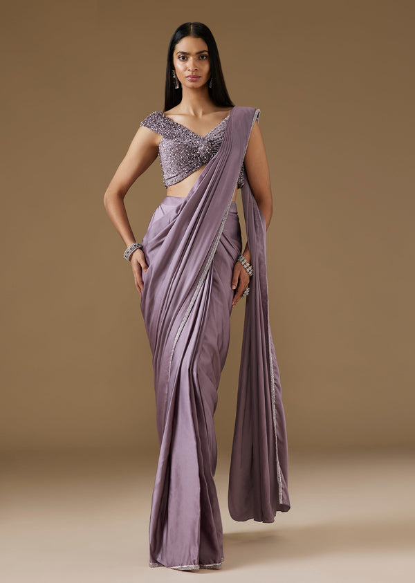 Purple Satin Ready Pleated Saree With Embellished Blouse