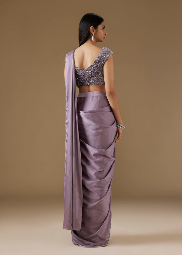 Purple Satin Ready Pleated Saree With Embellished Blouse