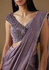 Purple Satin Ready Pleated Saree With Embellished Blouse