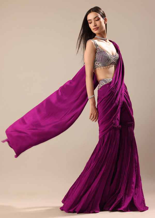 Raspberry Frill Saree With Embroidered Blouse