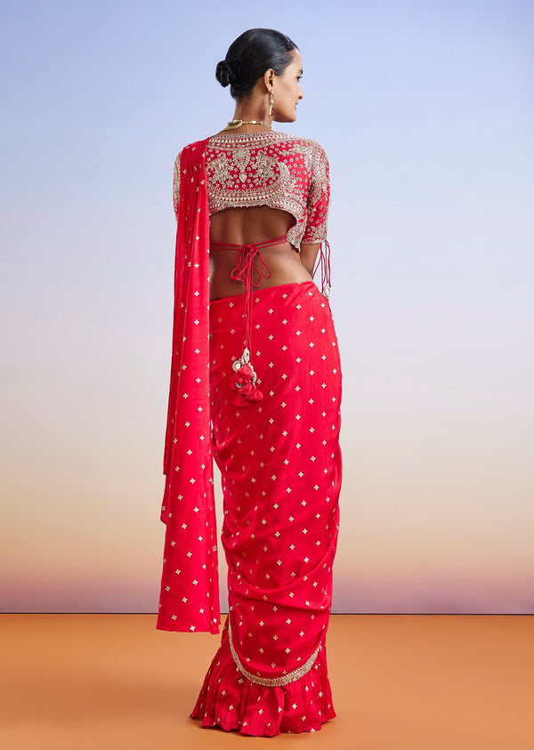 Red Zardosi Embroidered Ready Pleated Saree With Blouse