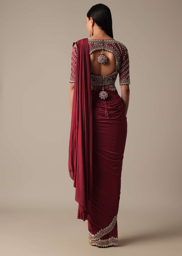 Red Readymade Saree With Embellished Blouse