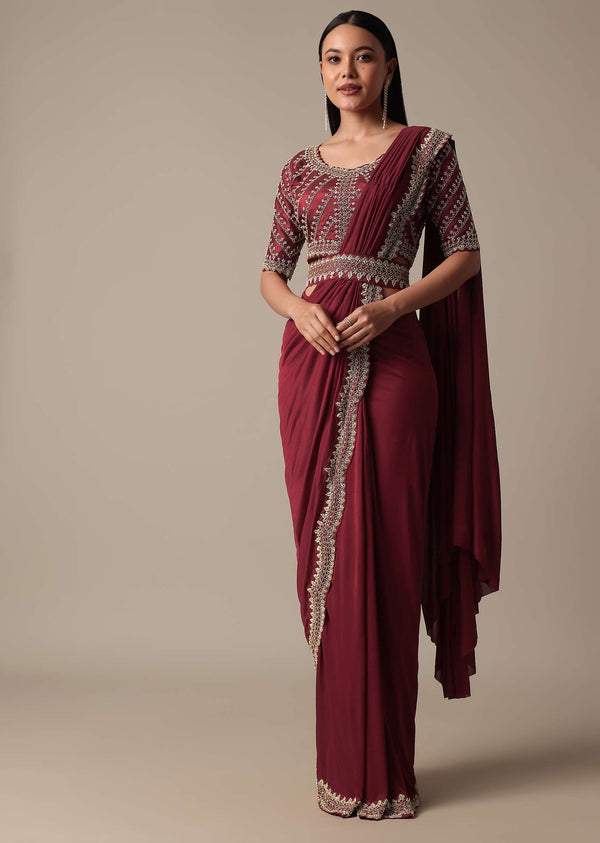 Red Readymade Saree With Embellished Blouse