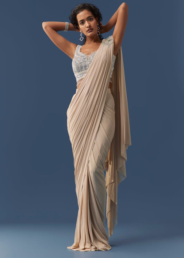 Rose Gold Pre-Draped Saree with Embellished Blouse