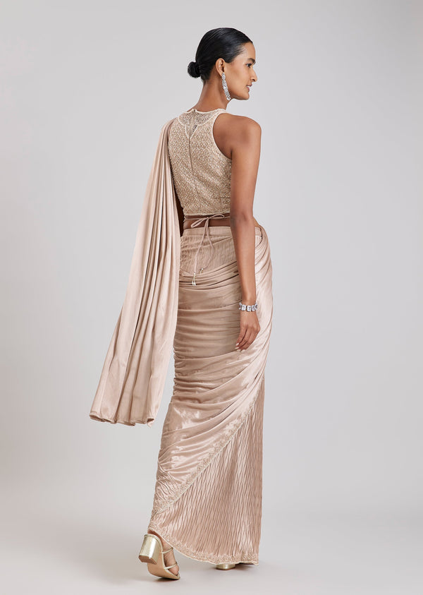 Rose Gold Ready Pleated Saree With Belt