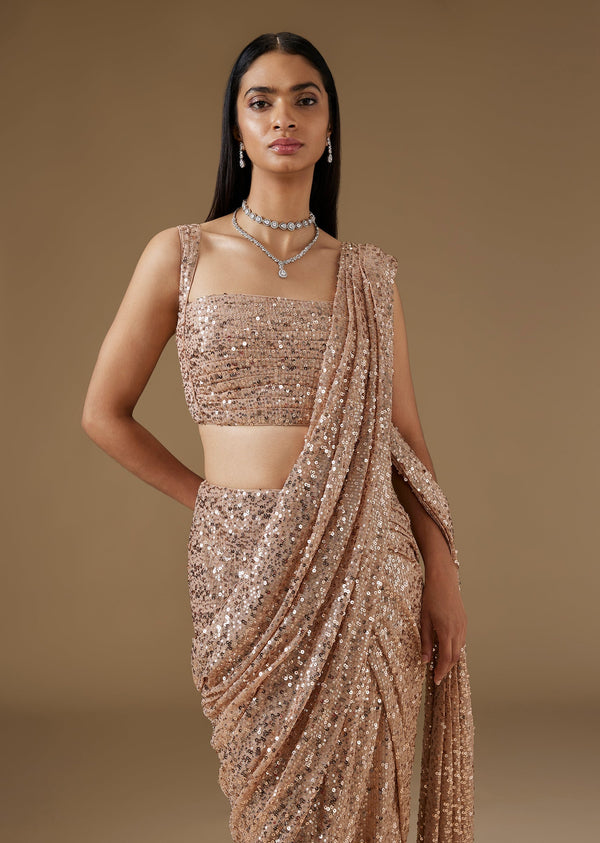 Rose Gold Shimmering Sequinned Ready Pleated Saree