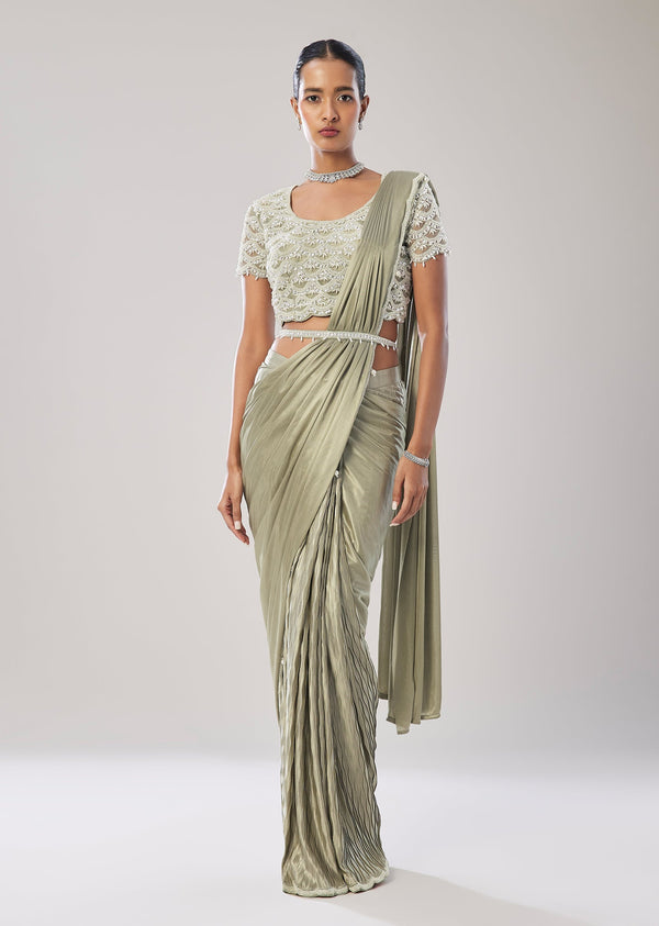 Sage Green Ready Pleated Saree With Belt