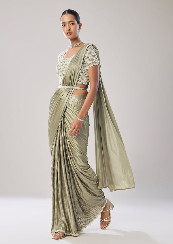 Sage Green Ready Pleated Saree With Belt