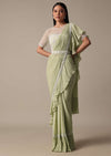 Graceful Green Pre Drape Saree With Ready Made Blouse