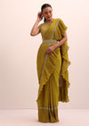 Mustard Yellow Georgette Pre Stitched Frill Saree With Embellished Blouse