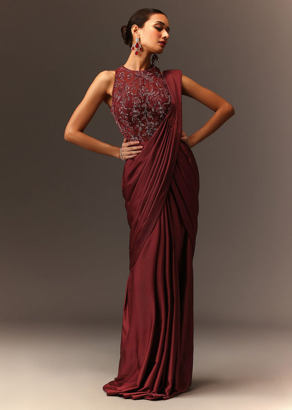 Masala Maroon Net Satin Draped Saree With Hand Embroidered Blouse