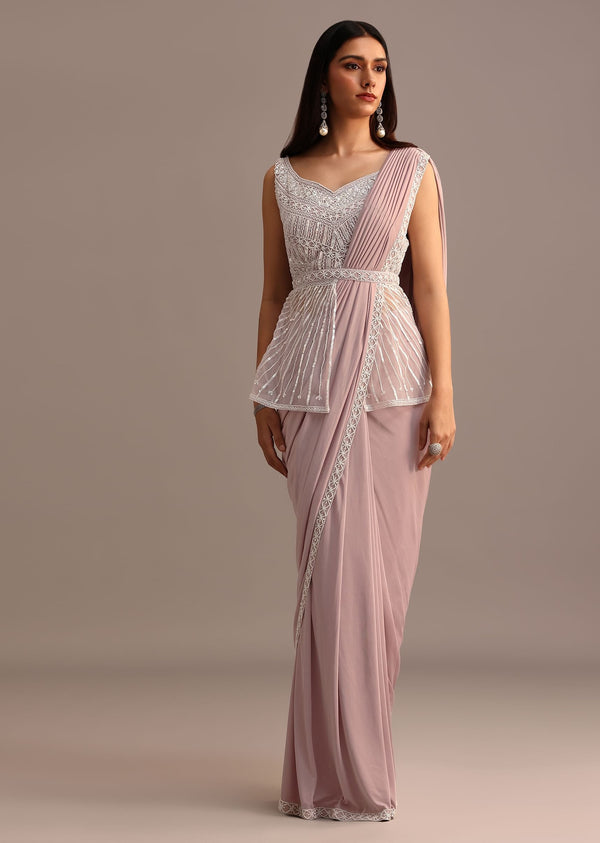 Dusky Pink Ready Pleated Saree With Embroidered Blouse