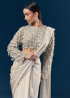 Silver Ready Pleated Indo Western Saree With Pearl And Cut Dana Embellished Full Sleeve Blouse