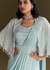 Sky Blue Chinon Pre Draped Saree With Cape And Belt