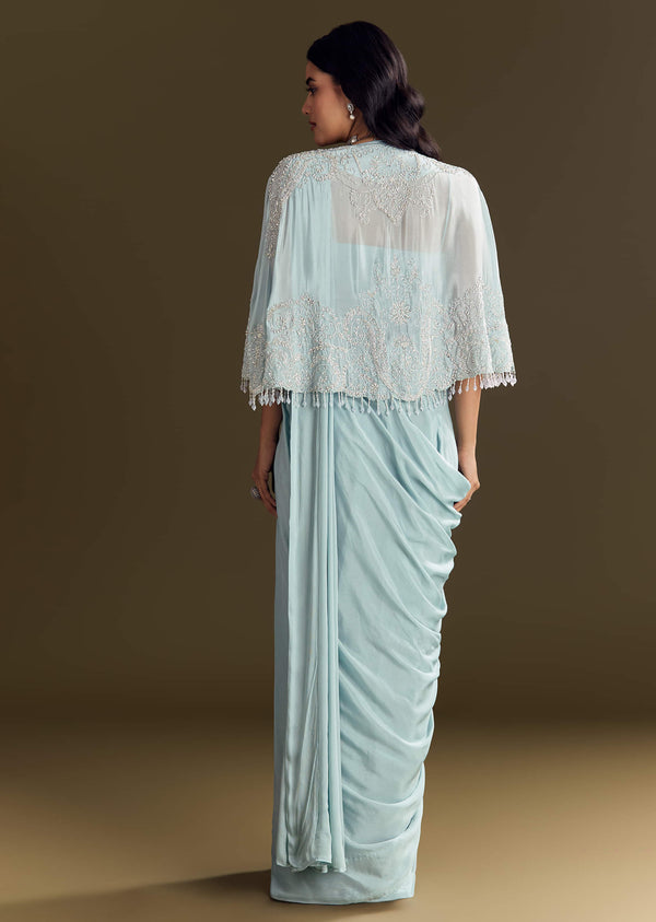 Sky Blue Chinon Pre Draped Saree With Cape And Belt