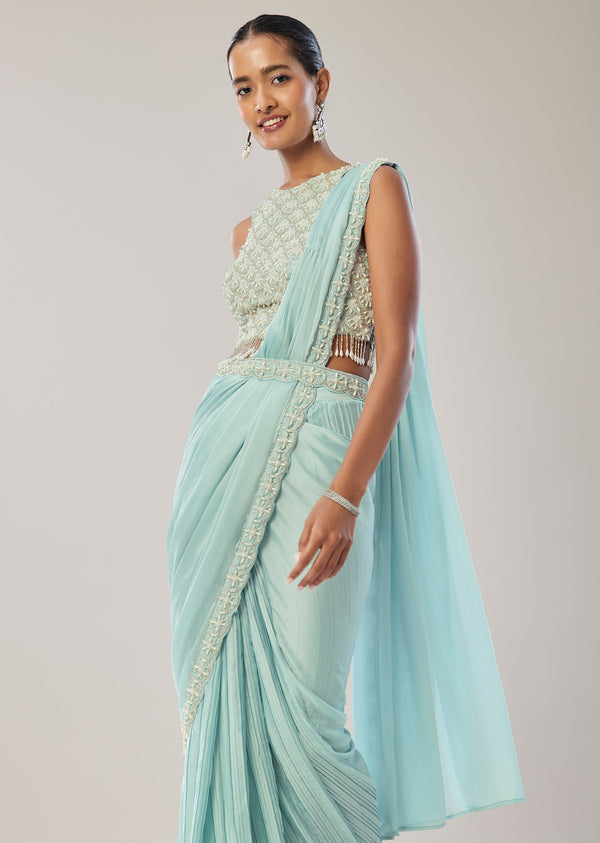 Sky Blue Ready Pleated Saree With Belt