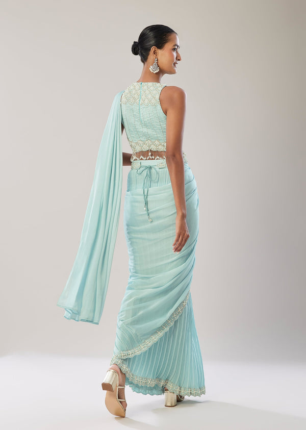 Sky Blue Ready Pleated Saree With Belt