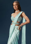 Sky Blue Ready Pleated Saree With Blouse And Belt