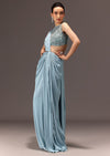 Sky Blue Semi Stitched Saree With Embroidered Blouse