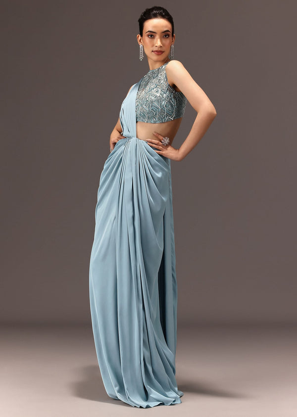 Sky Blue Semi Stitched Saree With Embroidered Blouse