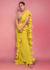 Citrus Ready To Wear Ruffle Saree With Multi-Color Floral Hand Embroidered Blouse