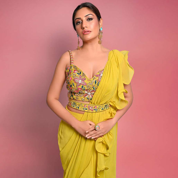 Citrus Ready To Wear Ruffle Saree With Multi-Color Floral Hand Embroidered Blouse