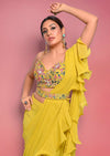Citrus Ready To Wear Ruffle Saree With Multi-Color Floral Hand Embroidered Blouse