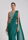 Teal Green Ready Pleated Saree With Stitched Blouse