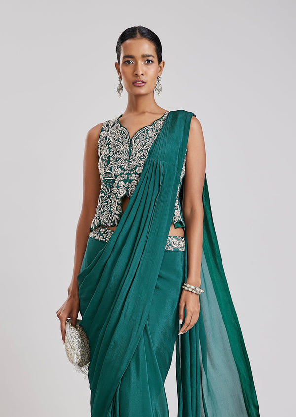 Teal Green Ready Pleated Saree With Stitched Blouse