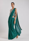 Teal Green Ready Pleated Saree With Stitched Blouse