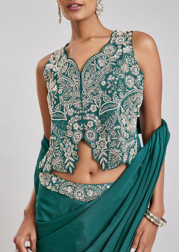 Teal Green Ready Pleated Saree With Stitched Blouse