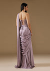 Violet Satin Ready Pleated Saree With Embroidered Corset Blouse