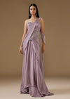 Violet Satin Ready Pleated Saree With Embroidered Corset Blouse
