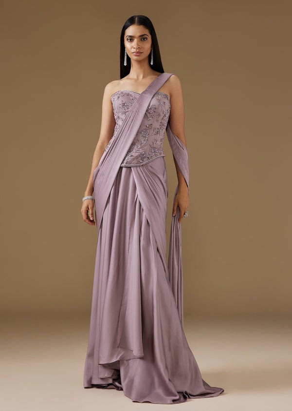 Violet Satin Ready Pleated Saree With Embroidered Corset Blouse